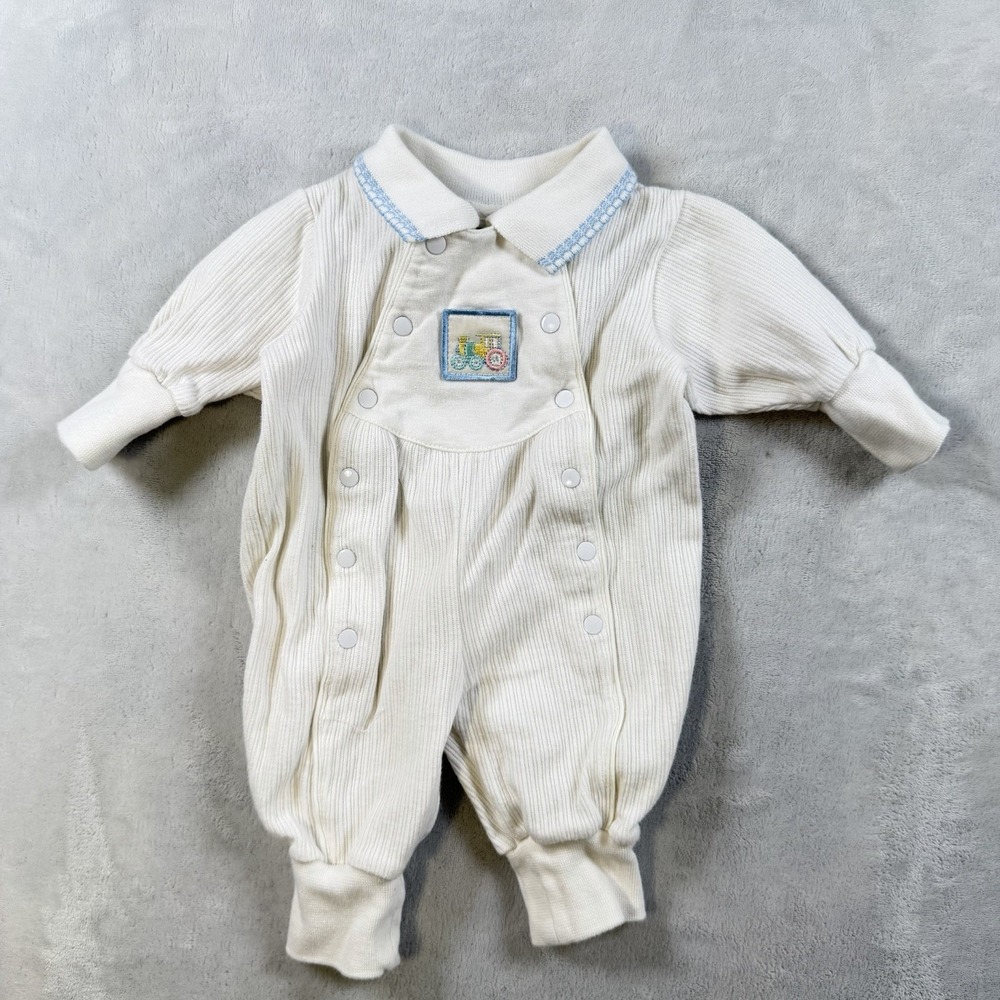 Vintage McBaby McDonalds Baby Romper 6-9 Months White Ribbed Train Embroidery 90